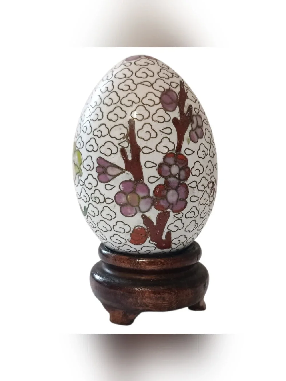 Vintage Chinese Cloisonne Enamel Over Brass Egg‎ Floral Trinket Decor Wood Stand